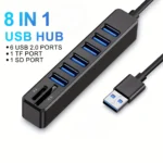 8 in 1 USB Hub with 6 USB 2.0 Ports, 1 TF Card Reader, 1 SD Card Slot - Multi-Function External Combi Adapter