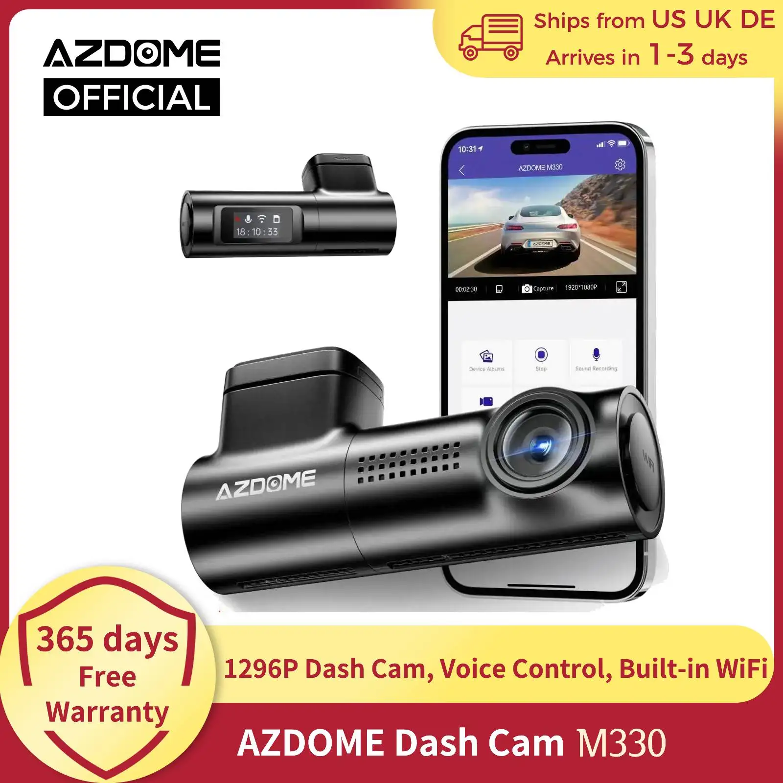 Sb2dd5b4661754bc598f3255f178826a1i-1.webp AZDOME M330 Car DVR 1296P Dash Cam Smart Voice Control WiFi Free APP G-sensor Emergency Record Parking Monitor Loop Recording - Image 1