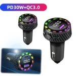 Car Bluetooth FM Transmitter Charger PD 30W Fast Charging USB Type C MP3 Player Handsfree Call Wireless Car Kit with LED Light