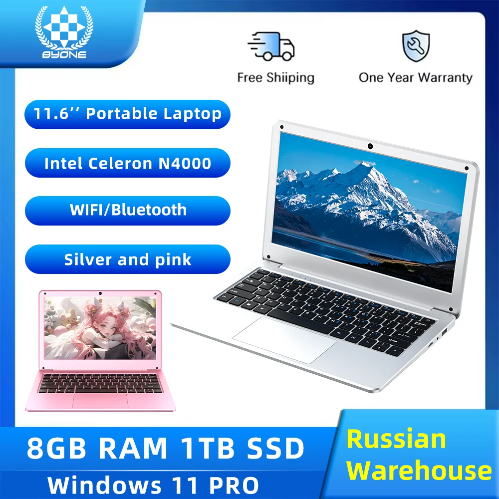 S6f5f0f50420a486c8efd6a850605e8a3s.webp BYONE 11.6 Inch Mini Laptop Intel Celeron N4000 8GB RAM 128GB 256GB SSD Wifi Office Study Pink Portable Ultraslim Pocket Laptops - Image 1