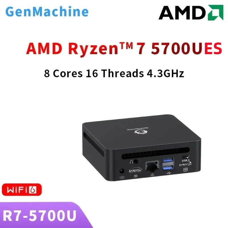 S7fac51627a7c408a9907aff82727236f3.webp 2025 GenMachine New Mini PC R7 5700U 4800H ES AMD Ryzen7 5700U 4800H ES CPU Support Windows 10/11 DDR4 3200MHz AMD WiFi6 BT5.2 - Image 1