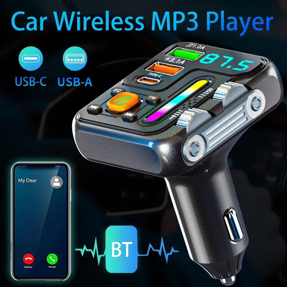 Saad53b4740484e418919dfa6afe918bdH.webp Wireless Car Bluetooth MP3 Player Car FM Transmitter Hi-Fi Audio and Music Light Bar Double Roller Design Car Charger - Image 1