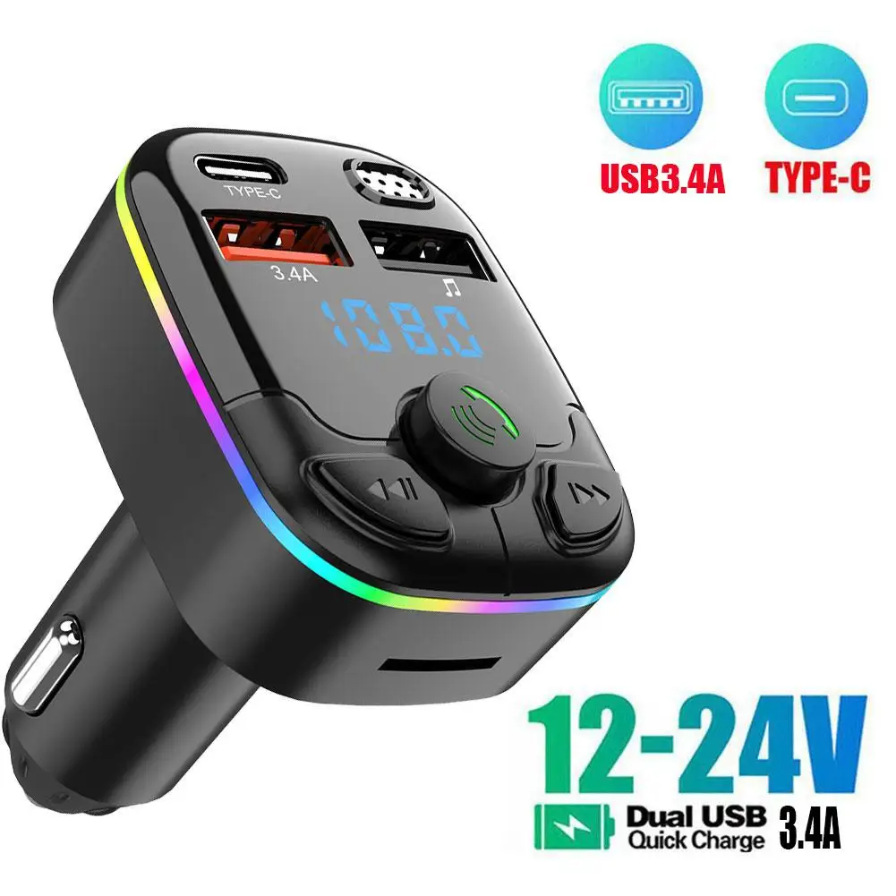 Sac3e4b7de46040fa914c137fcb53bebdj.webp Bluetooth 5.0 Car FM Transmitter PD Type-C Dual USB Ambient Player Handsfree MP3 Charger Type-C Wireless Light PD QC3.0 Adapter - Image 1