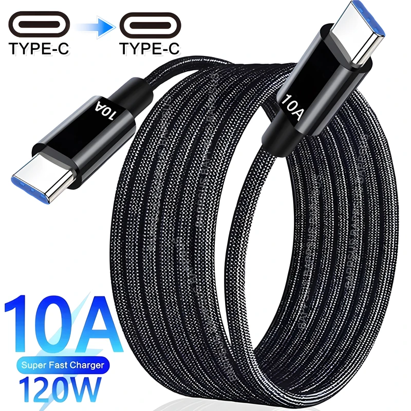 Sf81980805fc44e999faf81fed44ea3b6n.webp 120W 10A Fast Charger PD Dual USB C To Type C Charging Cable High-speed Data Transfer Wire Cord For iPhone Samsung Mi Data Cord - Image 1