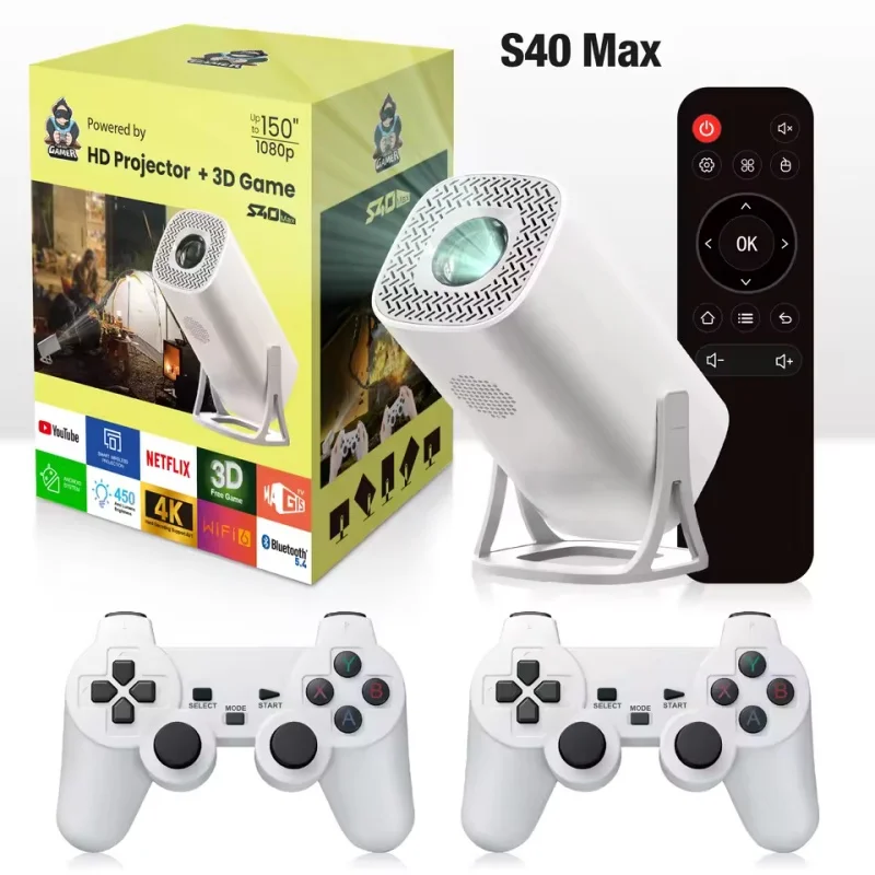 S8321d4862a354a619605321a26cd1527z.webp S40MAX Android 11 Gaming Projector TF Card WiFi Bluetooth 1080P Home Theater Portable Projector with Dual Wireless Controllers - Image 1